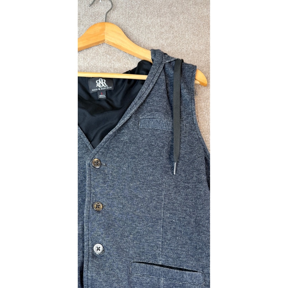 Rock & Republic Mens Blue Heathered Hooded Button Front Vest Large L - Picture 8 of 8